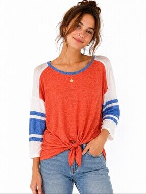 SO Relaxed Coral & Blue Colorblock Tie-Front Baseball Tee | Large